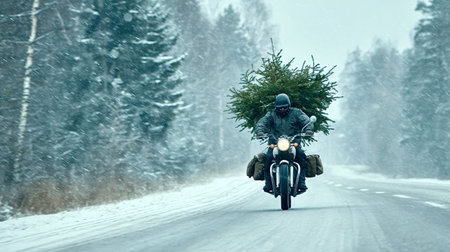 Man riding a classic motorcycle on a snowy road carrying a large christmas tree on his back, traveling through a winter forest under falling snow, celebrating christmas spirit and winter holidaysの写真素材