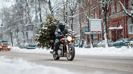 Motorcyclist in a helmet and winter gear riding an urban street during a snowfall, carrying a large Christmas tree to celebrate the festive holiday seasonの写真素材
