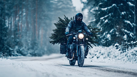 Man wearing a helmet and winter gear riding an old fashioned motorcycle through a snowy forest road, carrying a freshly cut Christmas tree for the holiday seasonの写真素材