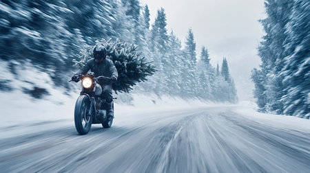 Biker riding motorcycle on a snow covered road through a winter forest, transporting a Christmas tree, representing holiday travel and winter adventureの写真素材