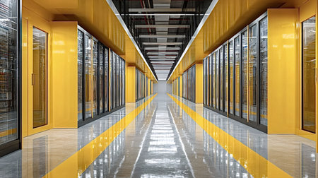 Modern server racks standing in a long yellow data center hallway, providing essential infrastructure for cloud computing, big data, and networking operationsの写真素材