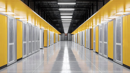Data center with rows of yellow and gray server racks extending into the distance, reflecting on the...