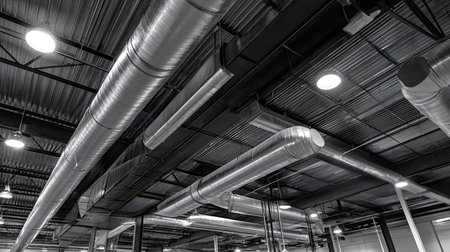 Metal air conditioning ducts hanging from a corrugated ceiling in a large industrial facility, providing hvac services in a factory or warehouse settingの写真素材
