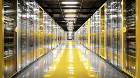 Server racks with yellow framing and reflective floors creating a modern, high tech corridor,...