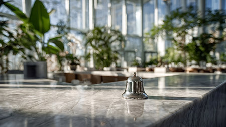Silver service bell on a gray marble reception counter, chrome reflecting a blurred luxury hotel...