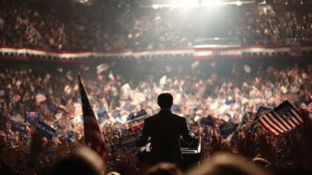 Politician delivering a passionate speech from a podium, facing a large, enthusiastic crowd waving...