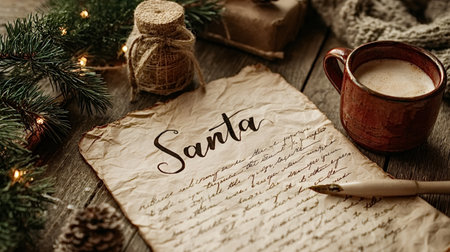 Rustic wooden table displaying an old letter addressed to santa, accompanied by a cup of coffee,...