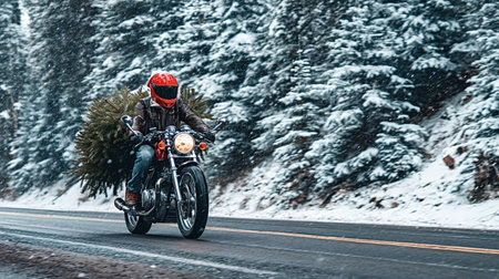 Biker wearing a red helmet riding a vintage motorcycle with a secured christmas tree on a snow covered mountain road, driving through a winter forest with falling snow for the holiday seasonの写真素材