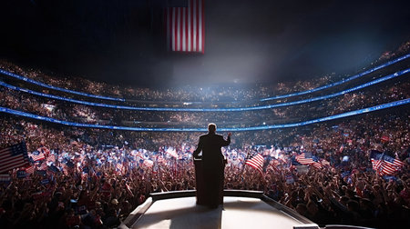 Donald trump addressing an enthusiastic crowd waving American flags and holding up lights in a large, illuminated stadium during an important political event or presidential campaign rallyの写真素材