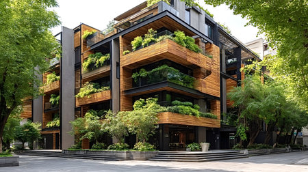 Contemporary architectural facade featuring multiple balconies integrating lush plants and wooden...