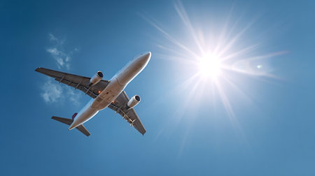 Commercial airplane flying high in a clear blue sky with a bright sunburst, representing global...