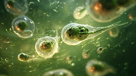 Frog spawn in various stages of metamorphosis, growing into small tadpoles within their translucent embryonic sacs, swimming in green murky pond waterの写真素材