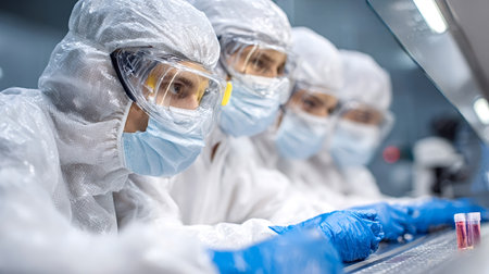 Researchers wearing hazmat suits, goggles, masks, and gloves conducting scientific experiments with test tubes in a sterile environment for virology research and developmentの写真素材