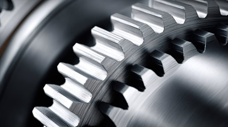 Metal gears interlocking in a close up view, representing mechanical precision, engineering,...