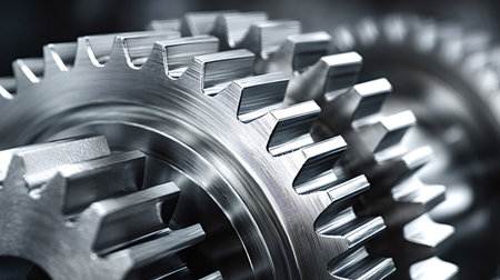 Metallic gears meshing together symbolizing precision, engineering, industry, automation, and...