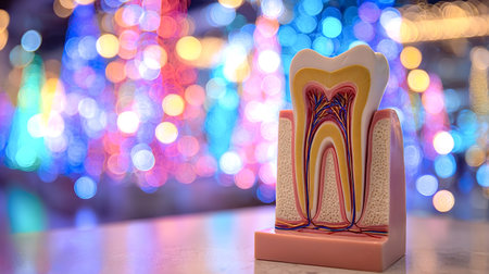 Tooth model displaying its complex internal structure including enamel, dentin, pulp, and root canals, standing against a vibrant background of colorful, out of focus lightsの写真素材
