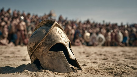 Weathered ancient Greek warrior helmet lies on sand, symbolizing battle's end, sacrifice and loss, with a blurred army in the distance evoking historical warfare and aftermathの写真素材