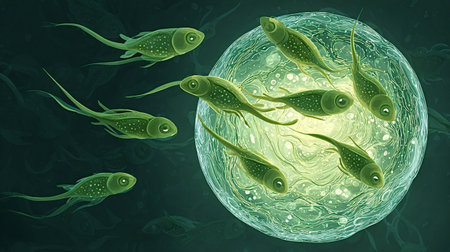 Green microscopic sperm-like organisms are actively approaching a large, textured egg cell. Illustrating a conceptual representation of fertilization, conception, and the biological beginnings of life.の写真素材