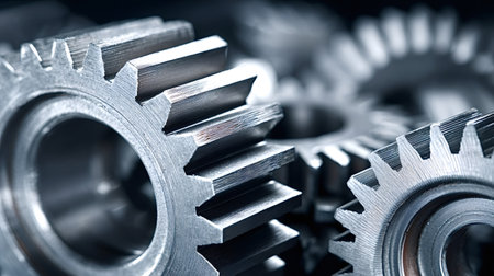 Metal gears interlocking closely, symbolizing precision, connection, and the seamless integration of...