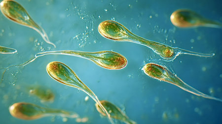 Sperm cells are swimming through a vibrant fluid, actively pursuing the objective of fertilization during human reproduction, representing life's fundamental beginning at a microbiological scaleの写真素材
