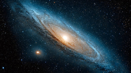 Andromeda galaxy, a vast spiral stellar system, appearing with its bright core and blue star forming arms against a dark cosmic background, representing the immensity of the universeの写真素材