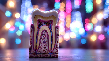 Human tooth anatomy model showing internal structure with enamel, dentin, pulp, and root canals, standing against a backdrop of vibrant, blurred out of focus lightsの写真素材