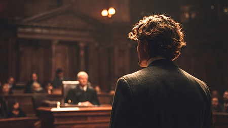 Lawyer speaking in a traditional courtroom setting, addressing the judge and jury during a legal trial, representing a client and pursuing justice in a formal legal processの写真素材