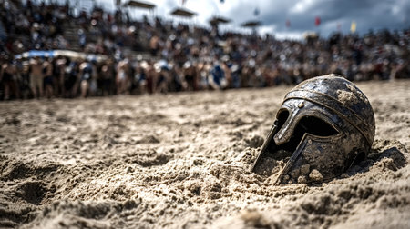 Ancient roman gladiator helmet abandoned in sunlit arena sand, evoking defeat, struggle and the faded spectacle of combat and entertainment in historic coliseum ruinsの写真素材