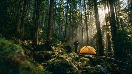 Lone man enjoying the solitude and tranquility of nature while standing by his yellow tent pitched amongst tall trees and mossy ground with sun rays penetrating the dense forest canopyの写真素材