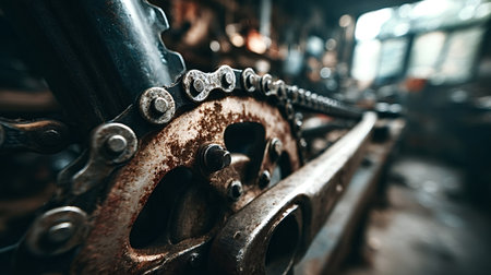 Bicycle chain with prominent rust on the gear and crank arm, showing wear and tear, representing repair, maintenance, and the aging process of mechanical parts in a workshop settingの写真素材