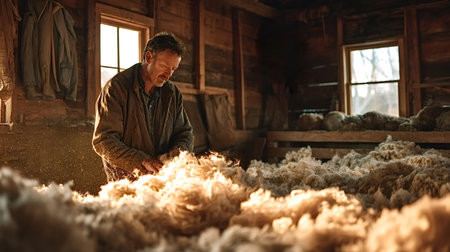 Skilled farmer sorting raw sheep fleece by hand in a rustic wooden barn, sunlight filtering through...