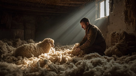Farmer gently collecting raw wool next to a sheep resting on a bed of natural fibers in a dimly lit, rustic barn with rays of light entering from a windowの写真素材