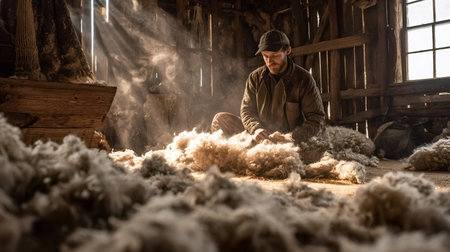 Farmer intently sorting raw sheep wool by hand on the wooden floor of a rustic barn, illuminated by dusty sunbeams, representing traditional agriculture and textile productionの写真素材