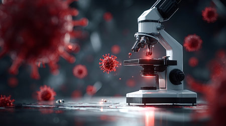 Microscope view of red virus particles suspended in dark lab environment, evoking covid 19 research, virology analysis and global pandemic medical investigation and vaccine developmentの写真素材