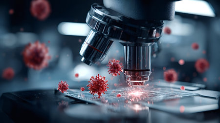 Microscope focusing on microscopic virus cells and bacteria on a glass slide in a scientific...