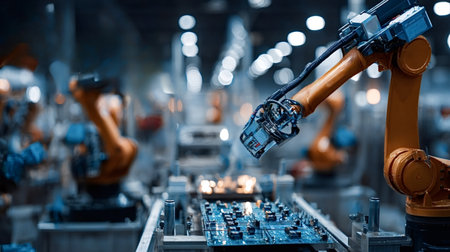 Close up of an advanced robotic arm placing microchips on a circuit board on an automated assembly...