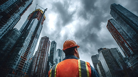Construction worker in hard hat and safety vest gazes up at a modern skyscraper under construction in a dramatic urban skyline, symbolizing progress, ambition and growthの写真素材