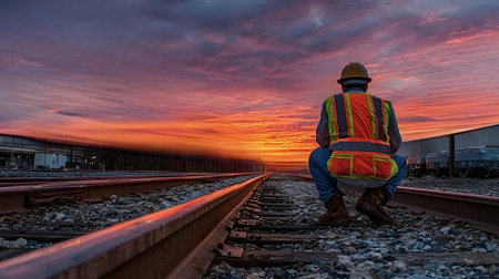Railroad worker with a hard hat and safety vest squats on train tracks, watching a vibrant orange and purple sunset over industrial buildings and converging railway linesの写真素材