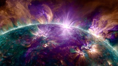 Sun's magnetic field lines creating beautiful swirls of plasma, ejecting powerful energy and...
