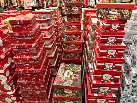 Retail display showing stacks of various Christmas gift boxes, featuring festive designs like santa...