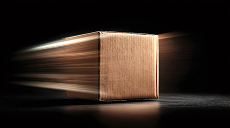 Cardboard box streaking across a dark background with motion blur, symbolizing fast, reliable...