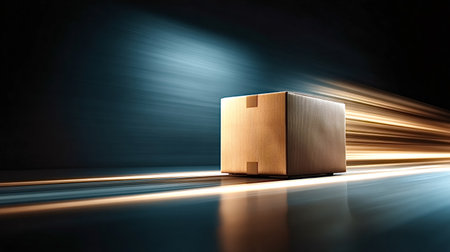 Cardboard box traveling rapidly on a reflective surface, indicating speedy delivery, efficient shipping, and advanced logistics with dynamic golden light trailsの写真素材