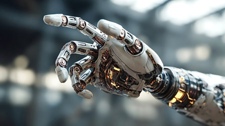 Robotic hand with visible intricate mechanisms. Wires. And glowing parts making a pointing gesture. Symbolizing advanced artificial intelligence. Future technology. And human interaction with machinesの写真素材