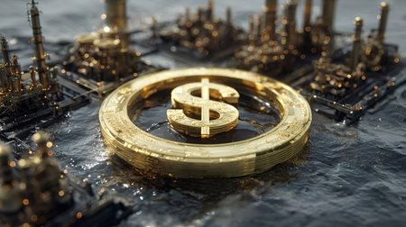 Golden dollar sign coin placed in dark water, surrounded by industrial oil rigs and platforms, symbolizing global finance, energy industry, and natural resource wealthの写真素材