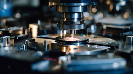 Precision manufacturing machine processing a silicon wafer, creating microchips and electronic components in a high tech cleanroom laboratory environmentの写真素材