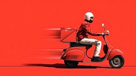 Courier speeding on a vintage red scooter, delivering a package and creating a sense of urgency, efficiency, and fast service on a vibrant red backgroundの写真素材