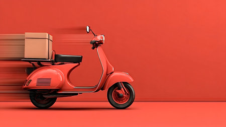 Red vintage style scooter carrying a cardboard package, positioned in motion on a gradient red background, symbolizing fast courier service and urgent deliveryの写真素材