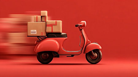 Red delivery scooter carrying stacked cardboard boxes on its rear rack, showing motion blur against a vibrant red background, illustrating fast and efficient shipping servicesの写真素材