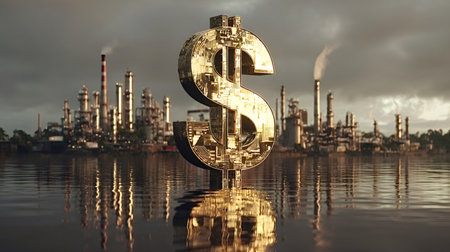 Golden dollar sign standing in water with oil refinery and industrial factories in the background, representing the complex relationship between finance, industry, economy, and environmental impactの写真素材