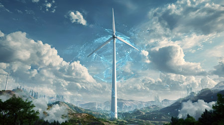Wind turbine surrounded by a glowing blue network, symbolizing sustainable energy generation and advanced technology within an evolving, eco friendly future landscape under a cloudy blue skyの写真素材